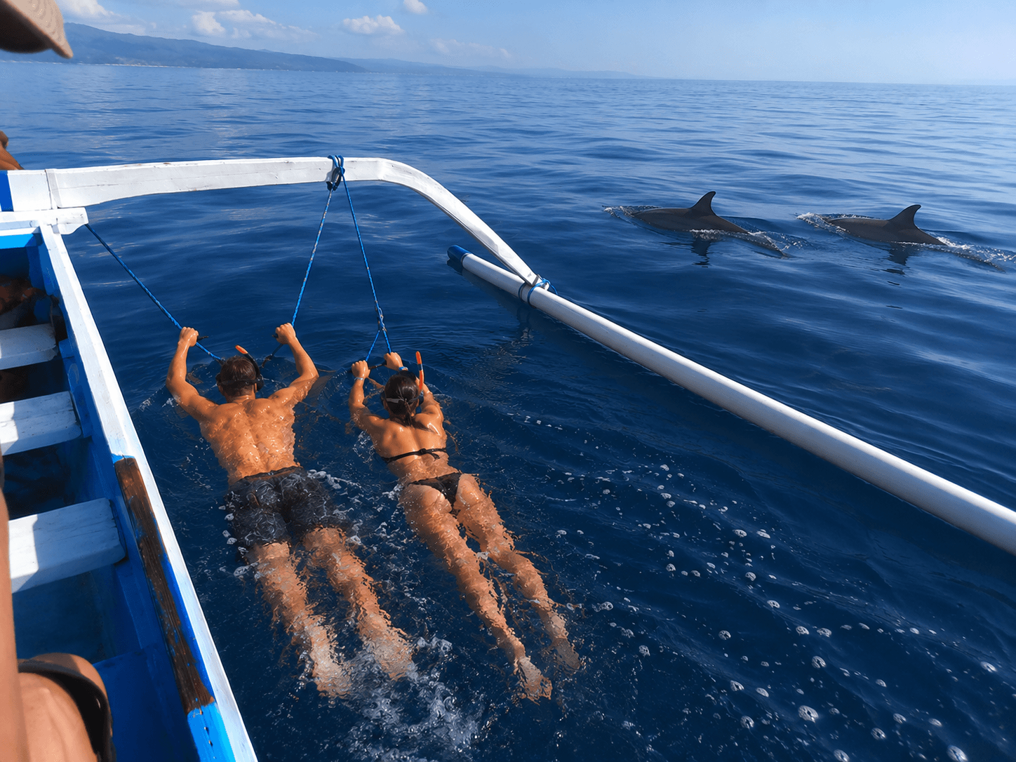 A couple in Balinese waters holding a rope attached to a wooden outrigger boat, swimming with a wild dolphin nearby