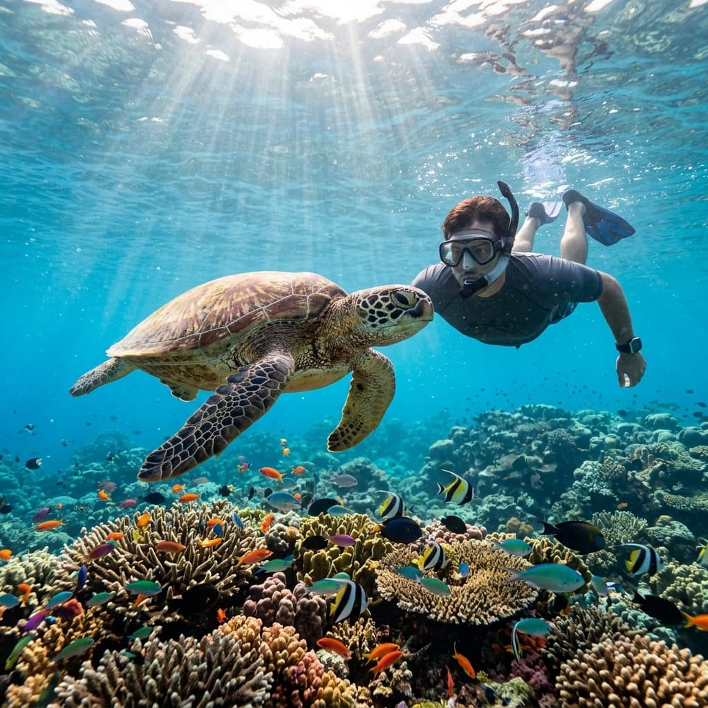 A traveler snorkeling alongside a wild green sea turtle in crystal clear turquoise water above a beautiful coral reef