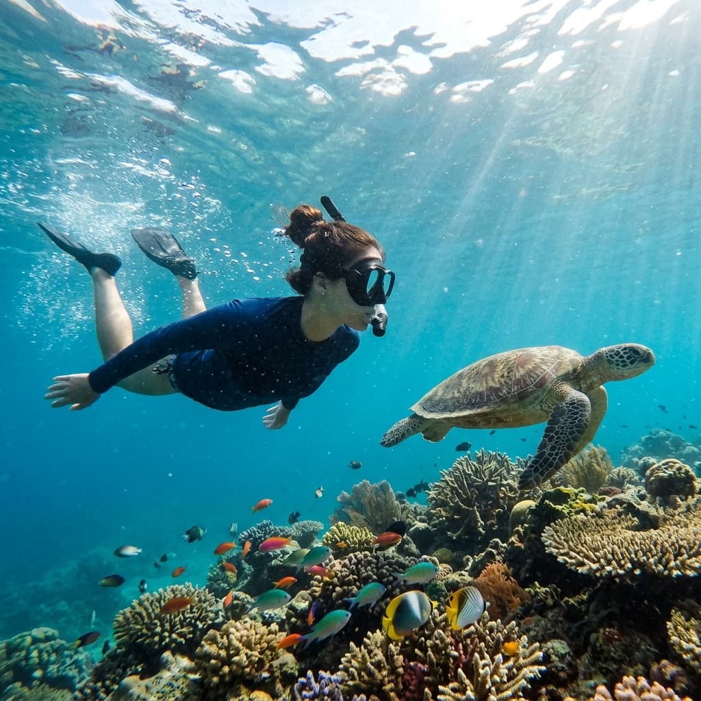 A traveler snorkeling with a wild green sea turtle above a vibrant coral reef with tropical fish in crystal clear Lovina water